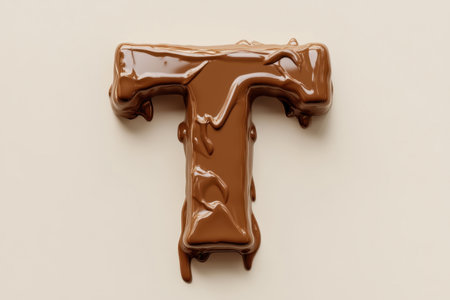 A chocolate letter T with chocolate dripping from it. The chocolate appears to be melting, giving the letter a messy and somewhat chaotic appearance. The dripping chocolate adds a sense of movementの素材