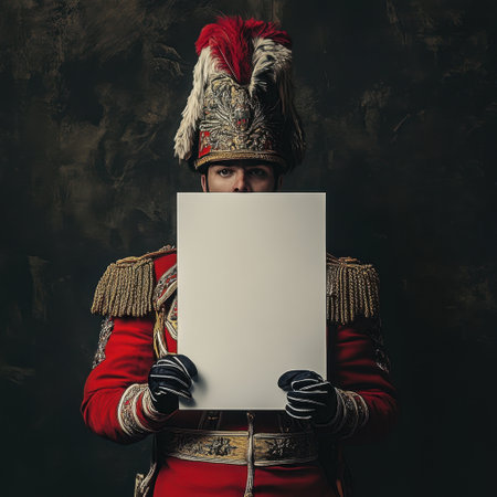 A man in a red uniform holding a white paper. The man is wearing a red hat and a red coatの素材