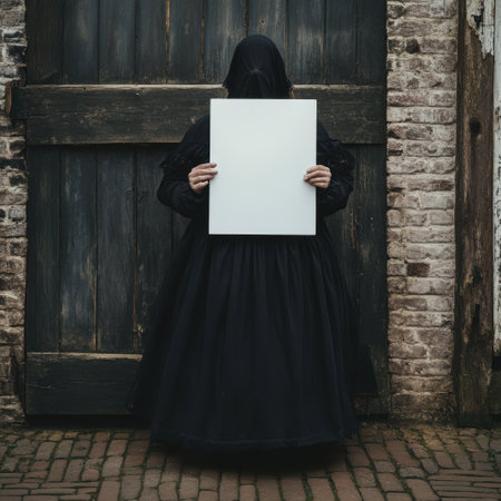 A woman in a black dress holding a white sign. The woman is wearing a veil and is standing in front of a brick wall. Scene is mysterious and intriguingの素材
