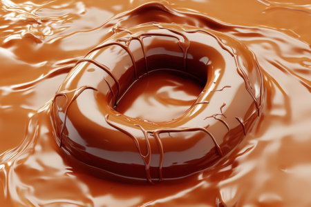 A chocolate donut with a chocolate swirl pattern. The donut is in a pool of chocolate, and it looks like it's melting. Concept of indulgence and decadence, as well as the fleeting nature of pleasureの素材