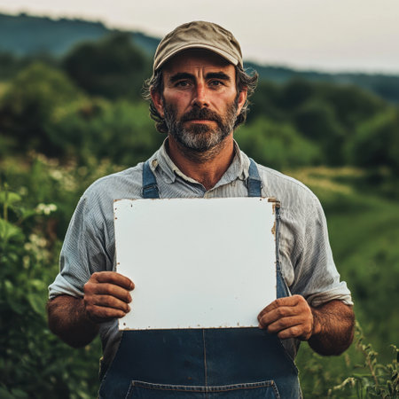 A man is holding a white sign in a field. The sign is blank, and the man is wearing a hat and blue overalls. Concept of simplicity and minimalismの素材