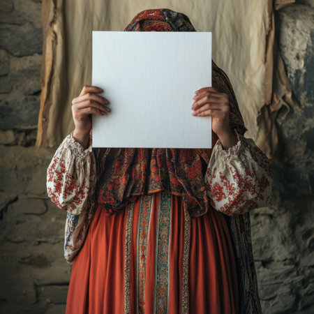 A woman is holding a white piece of paper in front of a wall. The woman is wearing a colorful dress and a scarf. Concept of mystery and curiosity, as the woman is holding a blank piece of paperの素材