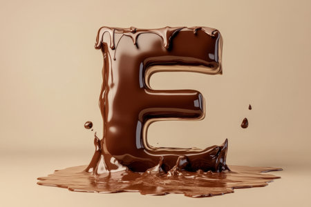 A chocolate letter E with melted chocolate dripping from it. The chocolate appears to be dripping from the letter in a messy and chaotic mannerの素材