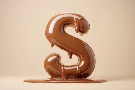 A large chocolate letter S, dripping with chocolate. The letter is surrounded by a pool of chocolate, creating a visually appealing and delicious sceneの素材