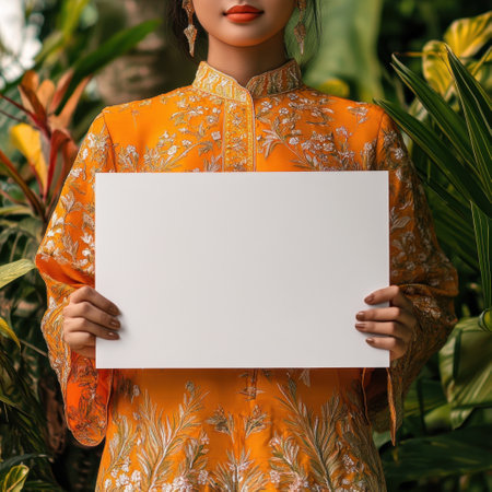 A woman is holding a white sign in front of a green plant. The sign is blank, which could represent a blank canvas or a new beginning. The woman's outfit, which includes an orange dressの素材
