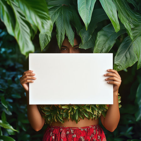A woman is holding a white sign in front of a green leafy background. The sign is blank, and the woman is hiding it behind her. Concept of mystery and curiosityの素材