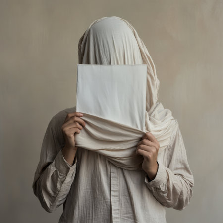 A woman is holding a white piece of paper behind her face. Concept of mystery and intrigue, as the woman's face is hidden from view. The white paper adds a sense of purity and innocence to the sceneの素材