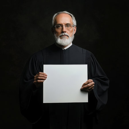 A man in a black robe holding a white piece of paper. The man is wearing glasses and has a beardの素材