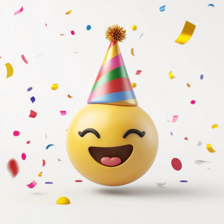 A yellow emoji with a party hat on its head and a smiley face. Concept of celebration and happinessの素材