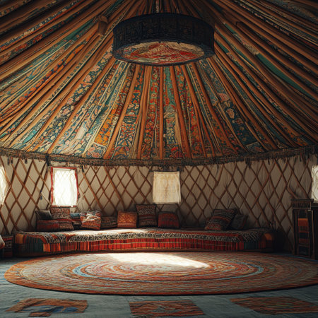 A small room with a round rug and a hanging lamp. The room is decorated with colorful patterns and has a cozy atmosphereの素材