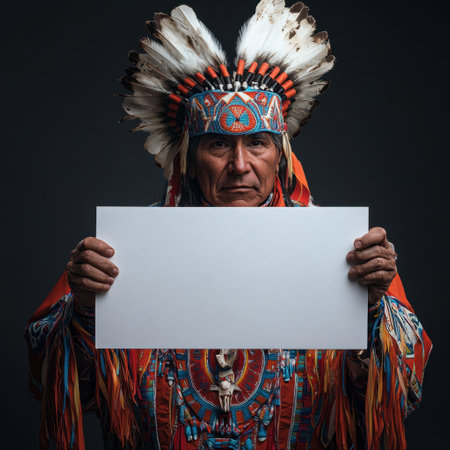 A man wearing a red and white headdress holding a white sign. The man is holding the sign in his hand and is looking at the cameraの素材
