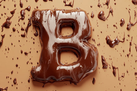 A chocolate letter B is dripping from a chocolate surface. Concept of indulgence and decadence, as if the chocolate is oozing out of the letter and onto the surfaceの素材