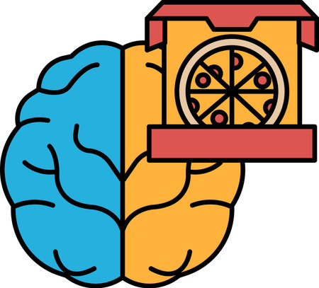 A brain with a pizza box on top of it. The pizza box is red and yellowのイラスト素材