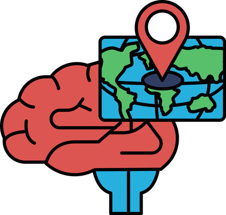 A brain with a map of the world on it. The map is centered on the brain and has a red dot on itのイラスト素材