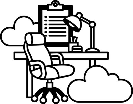 A chair sits in front of a desk with a blue lamp and a clipboardのイラスト素材