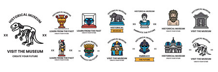 A Set of illustrations in the concept of a museum in line art styleのイラスト素材