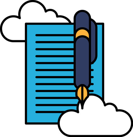 A pen is on top of a piece of paper with clouds in the background. Concept of creativity and inspiration, as the pen is a symbol of writingのイラスト素材