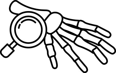 A skeleton hand is shown with a magnifying glass on top of itのイラスト素材
