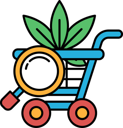 A blue shopping cart with a magnifying glass on it. The cart is filled with a plant and a leafのイラスト素材