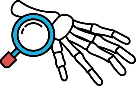 A skeleton's hand is shown with a magnifying glass on top of it. Concept of curiosity and exploration, as if the viewer is looking closely at the skeleton's handのイラスト素材