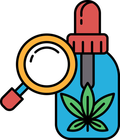 A bottle of cannabis oil is shown with a magnifying glass on top of it. The bottle is blue and the magnifying glass is orange. Concept of curiosity and intrigue about the contents of the bottleのイラスト素材