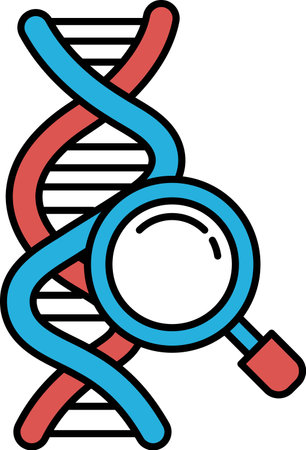A blue and red DNA strand with a magnifying glass on top. Concept of scientific discovery and explorationのイラスト素材