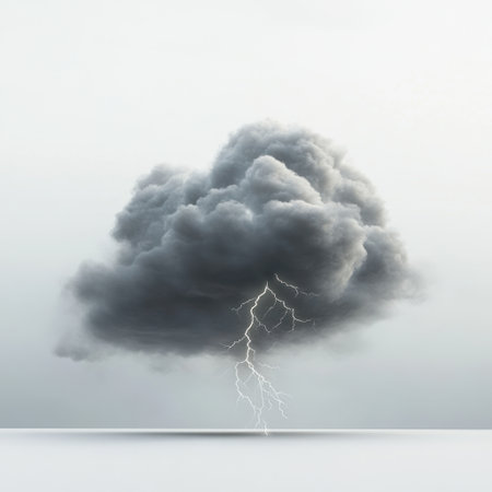 A large, dark cloud with a bolt of lightning in the middle. Scene is ominous and forebodingの素材