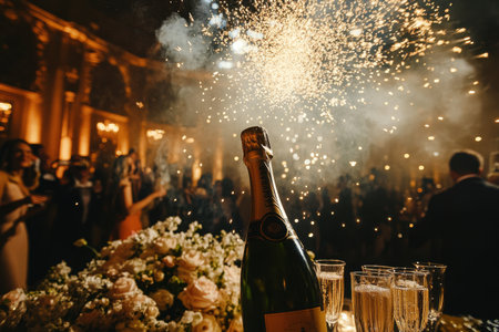 A bottle of champagne is being opened at a party with people standing around. The champagne is being poured into glasses, and the atmosphere is lively and celebratoryの素材