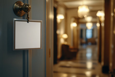 A white sign is hanging on a door in a hallway. The sign is empty and has a clip holding it in place. The hallway is dimly lit, giving it a mysterious and somewhat eerie atmosphereの素材