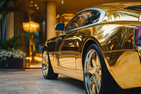 A gold colored car is parked in front of a building. The car is shiny and has a luxurious appearanceの素材