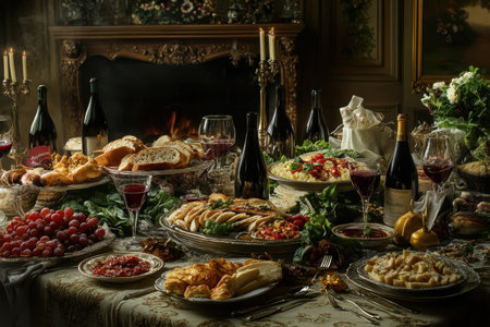A table is set with a variety of food and drinks, including a large turkey, grapes, apples, and wine. The table is set for a festive occasion, such as Thanksgiving or Christmasの素材