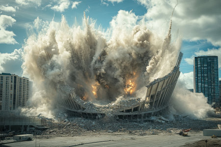 A large building is destroyed by a huge explosion, with smoke and debris flying everywhere. The scene is chaotic and dangerous, with the building in ruins and the surrounding area in disarrayの素材