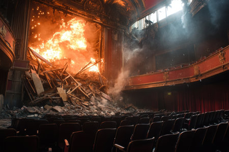 A fire has destroyed a theater, leaving a pile of debris and ash. The chairs are empty, and the stage is in ruins. The scene is chaotic and devastatingの素材