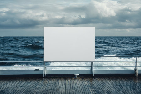 A white sign is on a pier next to the ocean. The sign is empty and the ocean is blueの素材