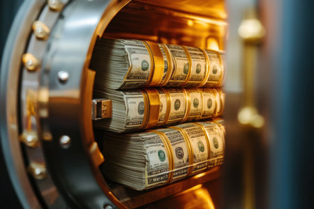 A vault with a lot of money inside. The vault is open and the money is visible. Scene is one of wealth and securityの素材