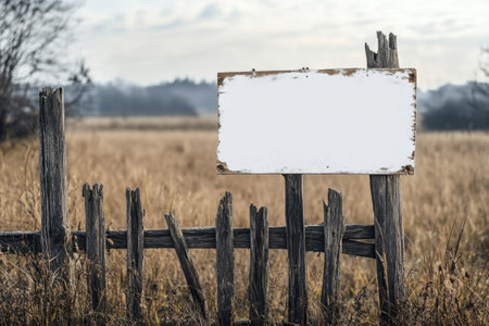 A white sign is on a wooden fence in a field. The sign is empty and the fence is oldの素材
