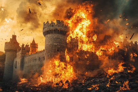 A castle is on fire with a large tower in the middle. The castle is surrounded by a lot of fire and smokeの素材