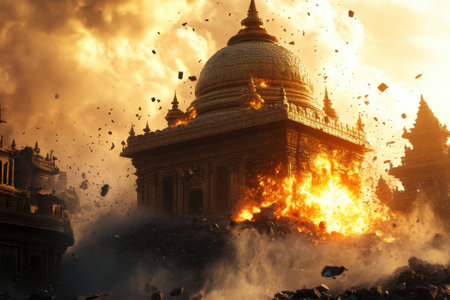 A building is on fire and surrounded by rubble. The scene is chaotic and violent. The fire is spreading rapidly, and the building is in danger of collapsing. The destruction is overwhelmingの素材