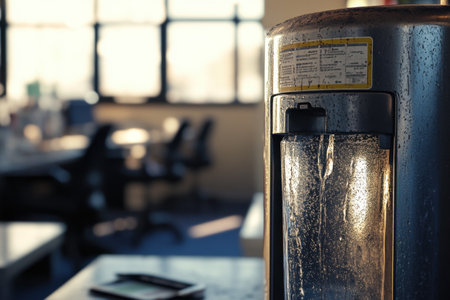 A silver water dispenser with a glass of water in it. The dispenser is placed on a countertop and the glass is filled with waterの素材