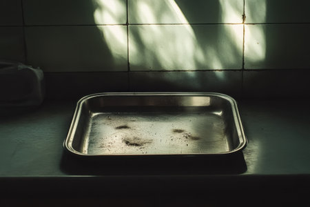 A dirty pan sits on a countertop. The pan is covered in food residue and he is in need of cleaning. Scene is somewhat grimの素材