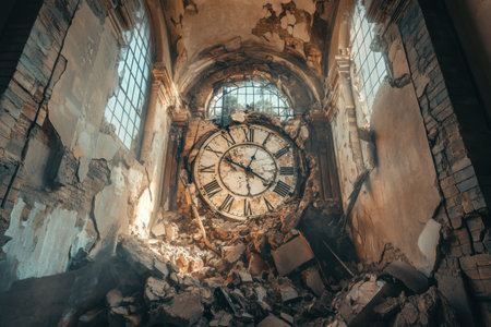 A clock with roman numerals on it is in a room with a lot of debris. The clock is broken and the room is in a state of disarrayの素材