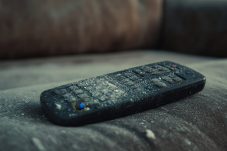A remote control is covered in white powder. The remote is on a couchの素材