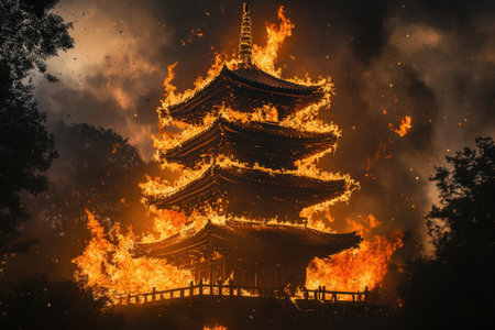 A large building is on fire, with flames shooting out of the top. The fire is intense and the building is in ruinsの素材