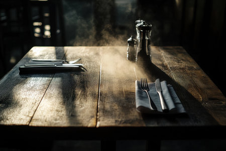 A table with a fork, knife, and napkin on it. The napkin is folded and the table is covered in steamの素材