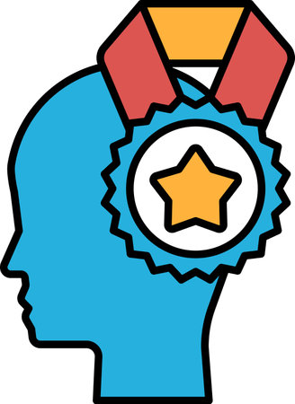 A blue head with a red and yellow ribbon around it and a star on top. The ribbon and star are symbols of achievement and successのイラスト素材