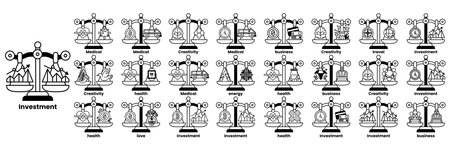 A collection of scales with different weights and items on them. The scales are labeled with the word "investment" and the items on the scales are labeled with different wordsのイラスト素材