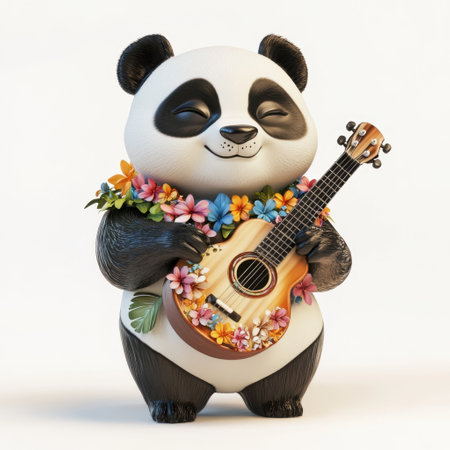 A panda is holding a guitar and wearing a flower garland. The panda is smiling and he is happyの素材
