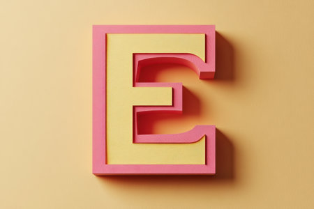 The letter E is made of pink and yellow materials. It is a 3D letter that is on a tan backgroundの素材