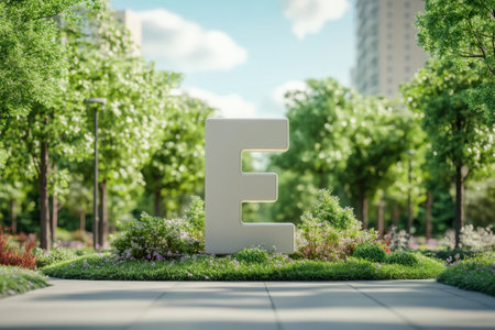 The letter E is white and is surrounded by green bushes. The letter E is in the middle of a park with trees and bushesの素材