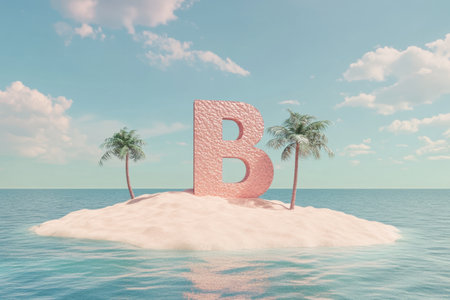 A pink B is on a beach with palm trees. The image has a tropical and relaxing moodの素材